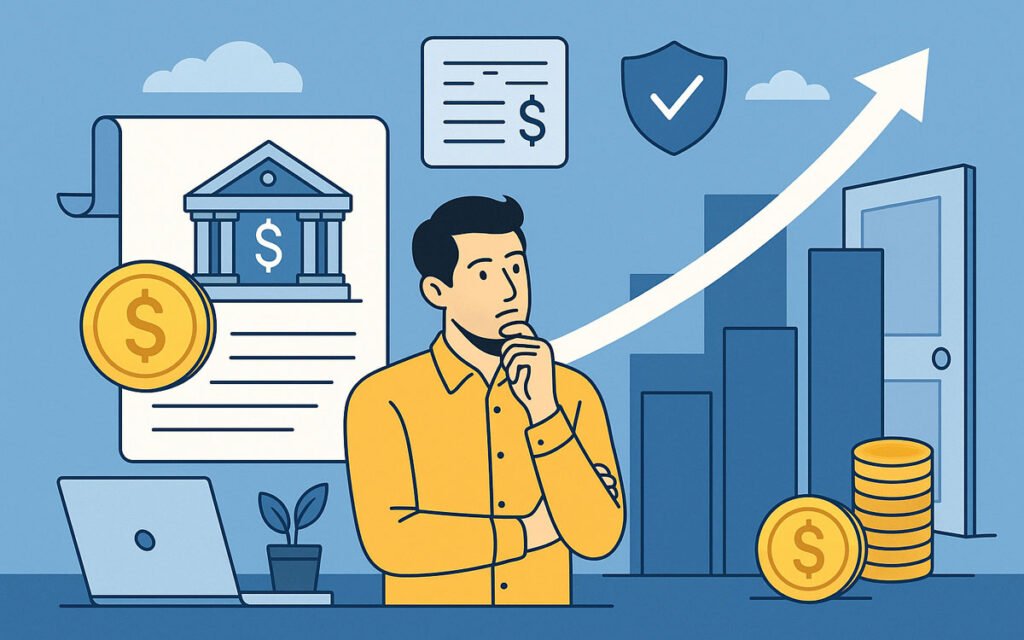 Illustrazione digitale in stile flat che rappresenta un imprenditore alla ricerca di liquidità per la crescita della PMI, circondato da simboli di finanziamenti, garanzie pubbliche e strumenti fintech.